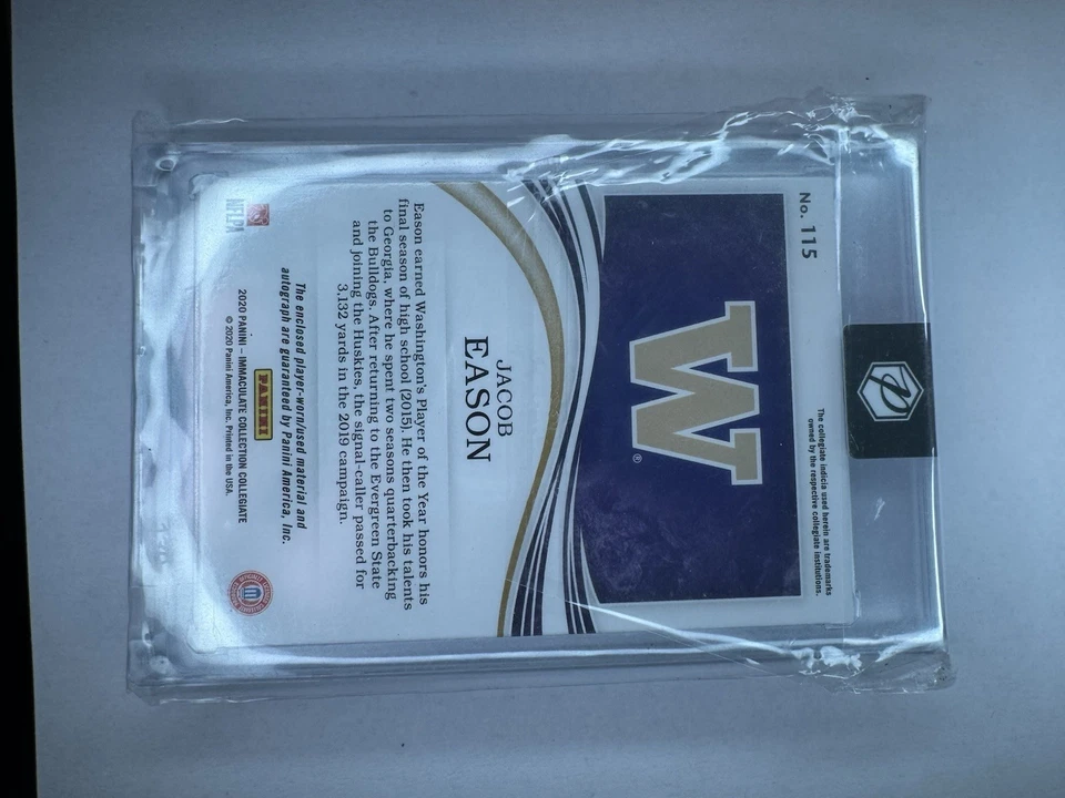 2020 Panini Immaculate Jacob Eason Vertical RPA /49 3 Color Game-Used Patch - Image 2 of 4