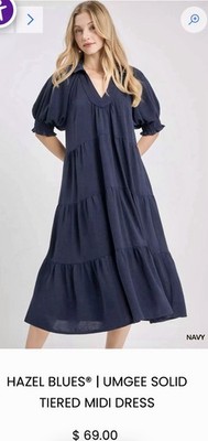 Umgee Navy Solid Tiered Midi Dress Women s S V-Neck Pullover Puff Short Sleeve