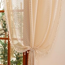 Boho Lace Sheer Curtains 84 inches Long,Crochet 50"W x 84"L Pack of 2 Beige