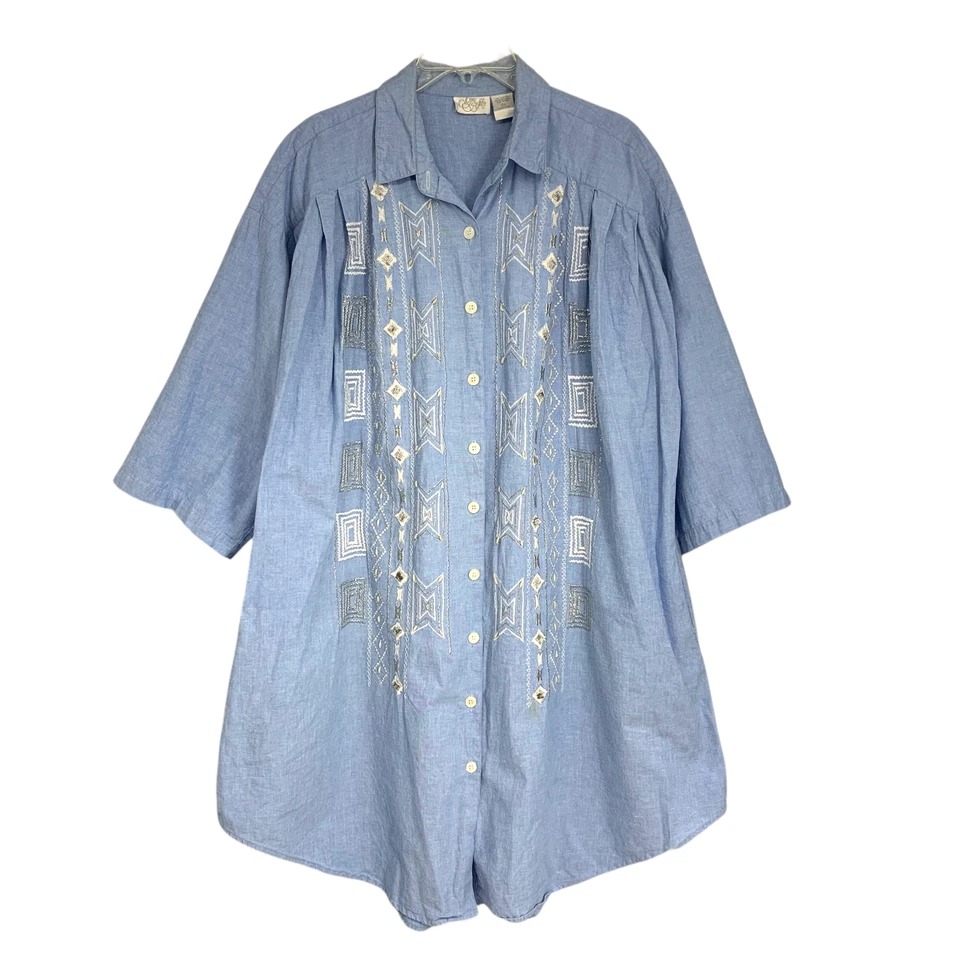 Vestido de patio Go Softly Denim talla grande 1X bordado con cuentas botones bolsillos delanteros Foto 2 de 4