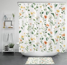 Watercolor Green Leaf Orange Wildflower Shower Curtain Bathroom Accessories Set