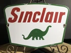 VINTAGE 1957 DATED SINCLAIR DINO GASOLINE 12” PORCELAIN GAS MOTOR OIL SIGN