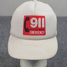 Vintage 80s 911 Emergency Trucker Hat White Red Graphic Snapback Cap Nostalgia