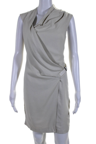 Helmut Lang Womens Beige Wool Buckle Detail V-Neck Sleeveless Shift Dress Size 0