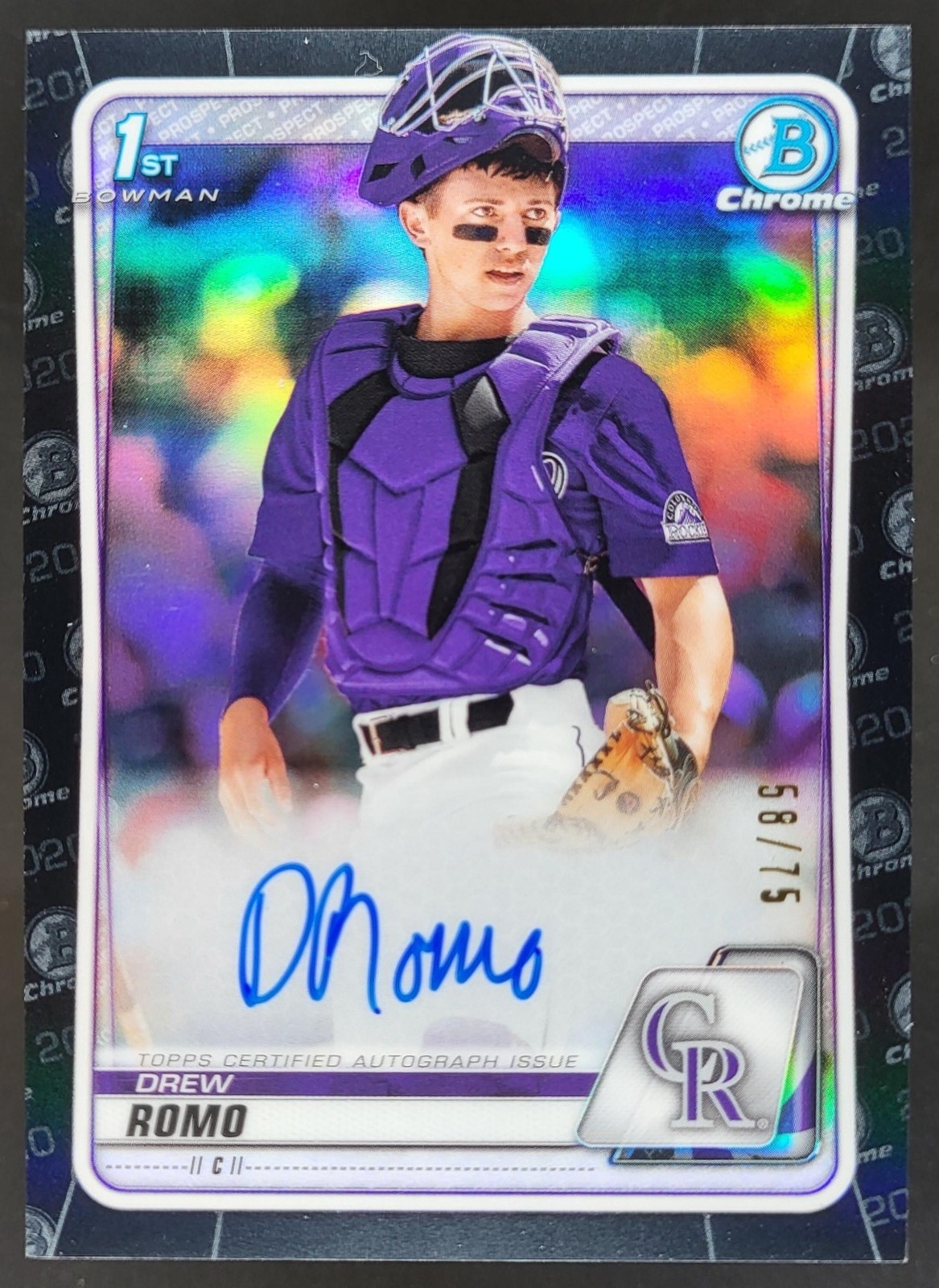 2020 Bowman Draft Drew Romo Chrome Pick Auto Black Refractor /75 Rockies RM5