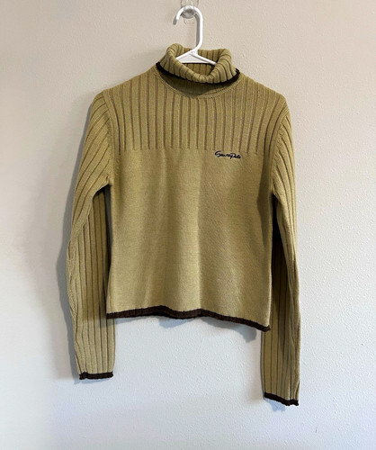 VTG Southpole Y2K Ribbed Turtleneck Sweater Cropped Khaki Tan Ringer Trim L