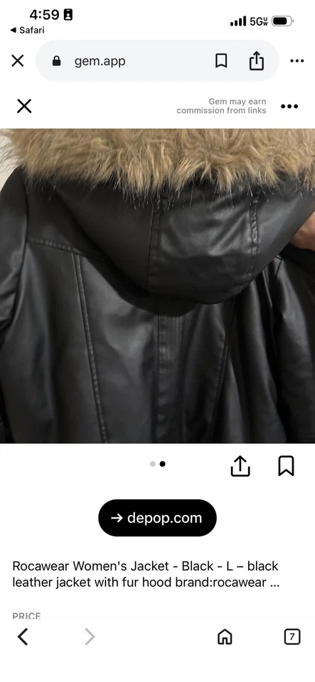 Chaqueta para mujer Rocawear - Negra - S - Chaqueta de cuero negra con capucha de piel marca Foto 3 de 4