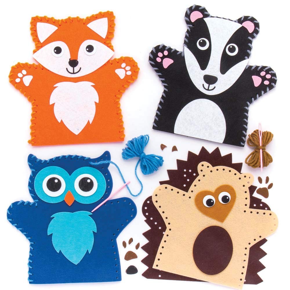 Baker Ross AR637 Woodland Animal Hand Puppet Sewing Kits (Pack of 4) for Kids A