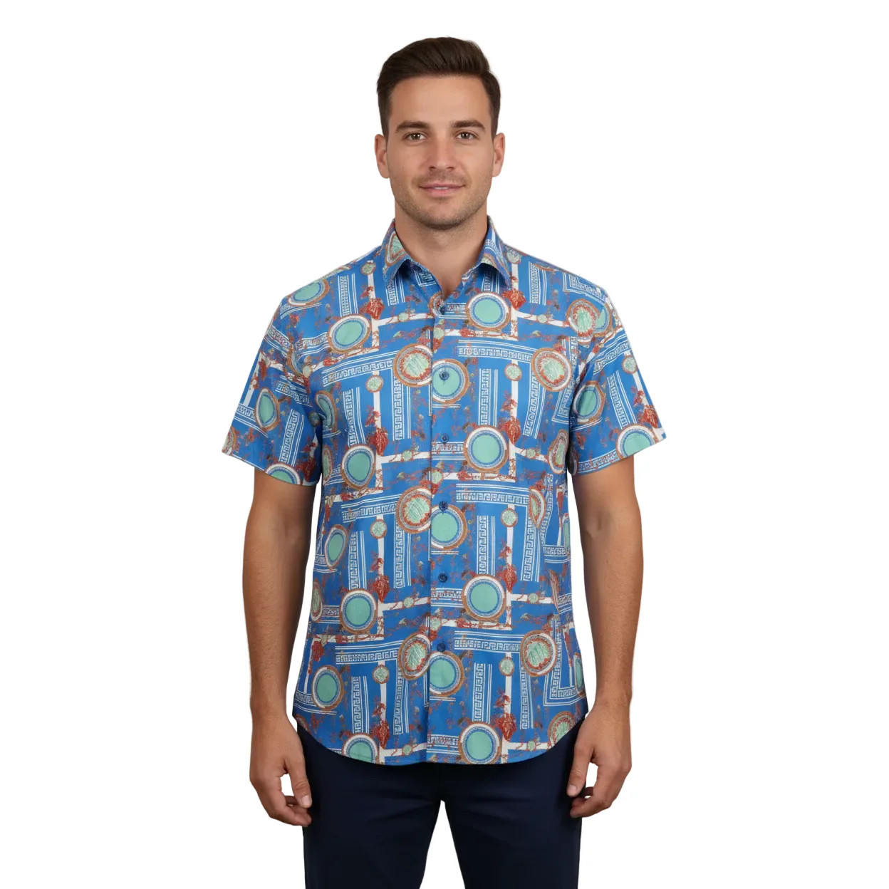 Men's Sports Shirt by MIZUMI Medallion Printed Soft Feel Short Sleeves M646 Blue