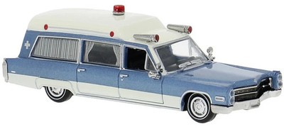 Brekina 1/87 1966 Cadillac Miller Meteor Ambulance Hearse Blue/White HO Scale