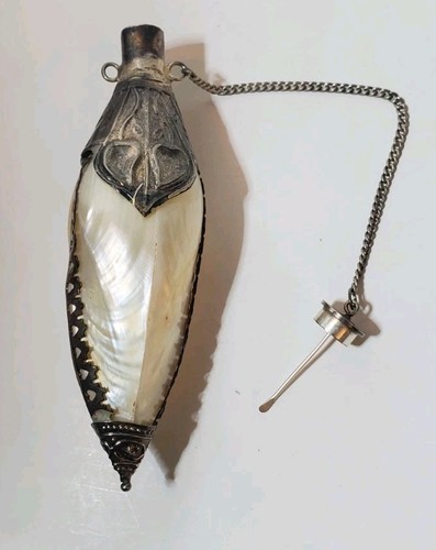 VINTAGE ANTIQUE MOTHER OF PEARL & SILVER CHATELAINE Perfume or Snuff BOTTLE 4.5"