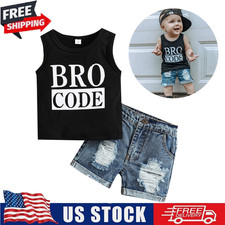 Newborn Baby Boys Sleeveless Letter-shirt Holey Denim Jeans Summer Outfits Set