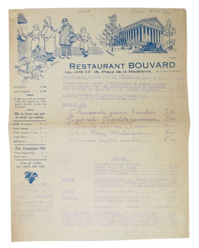 French Restaurant Menu Paris / RESTAURANT BOUVARD 1st Edition 1930