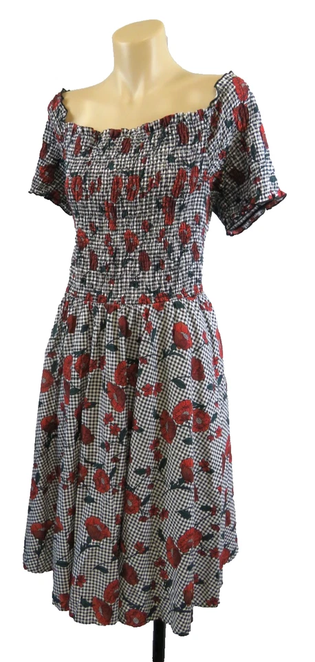 City Chic Plus Size M 18 Dress Floral Checked Smocked Off-Shoulder Retro Midi - image 2 of 4