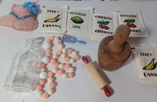 1940s 50s Vintage Doll Accessory Lot, Rolling Pin, Butter Churn, Necklace, Amsco