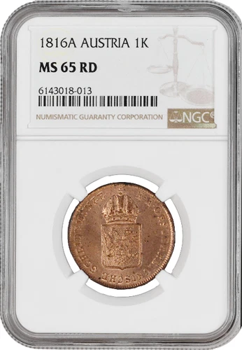 Austria 1 kreuzer 1816 A, NGC MS65 RD, "Emperor Franz II (1806 - 1835)" Top Pop