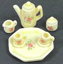 Miniature dollhouse ceramic tea set tray yellow pink rose hexagon  teapot NOS G
