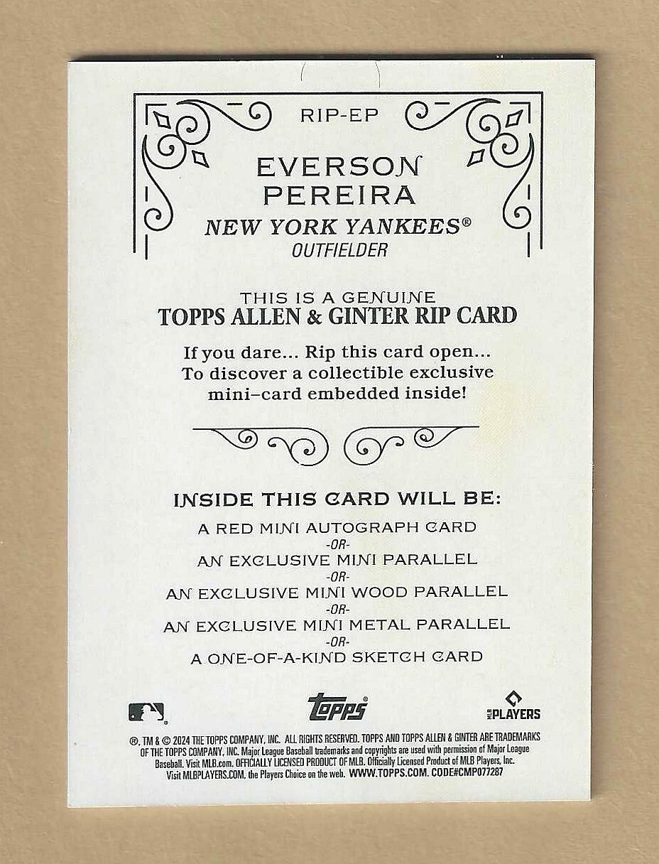 2024 Topps Allen & Ginter EVERSON PEREIRA RIP IT or KEEP IT Card Yankees /199 RC