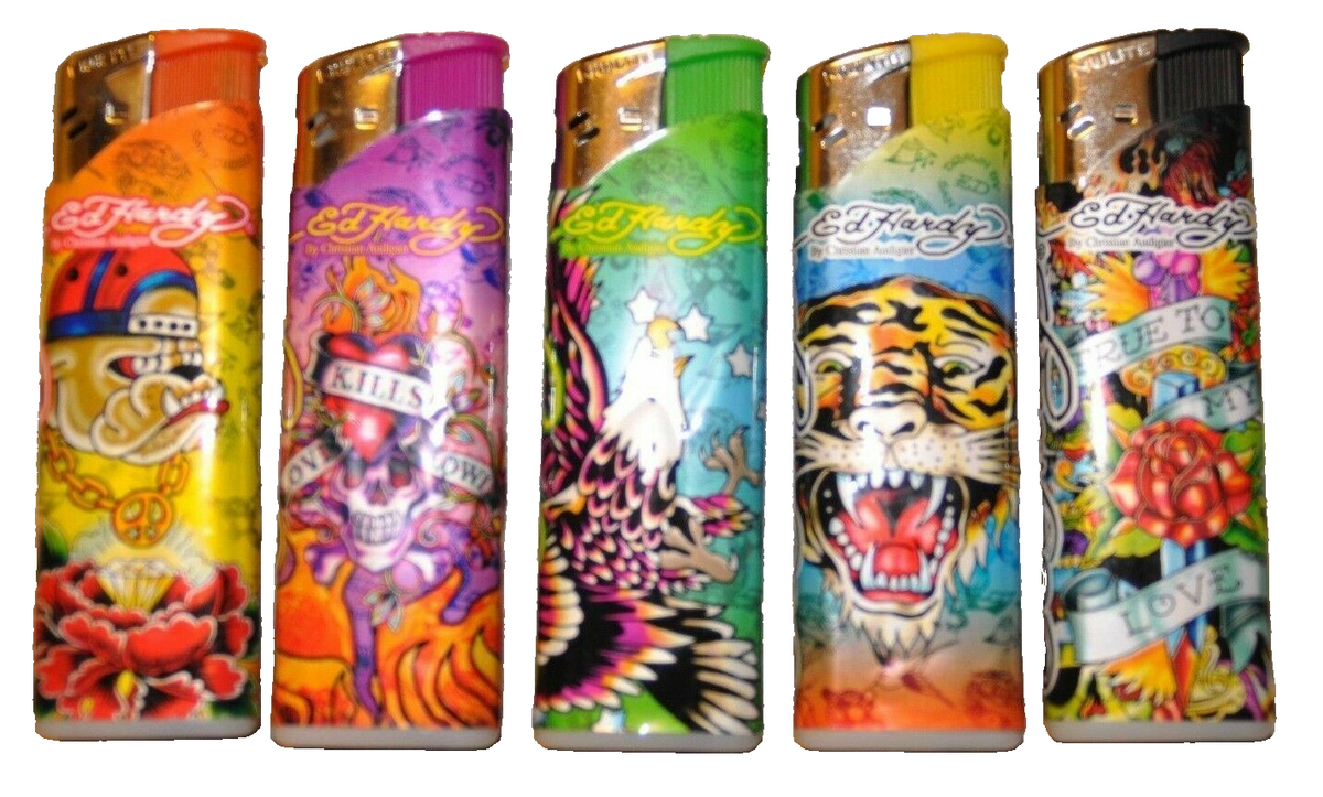 ed hardy cigarette lighter 5 PC Ed Hardy Lighters Tattoo Different Design Refillable Lighter Random(No  Gas)