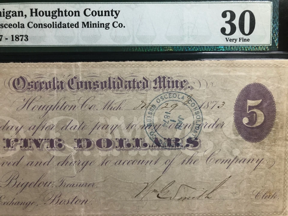 1873 $5 Osceola Consolidated Mining Company Houghton County Michigan PMG 30 VF - Image 2 of 4