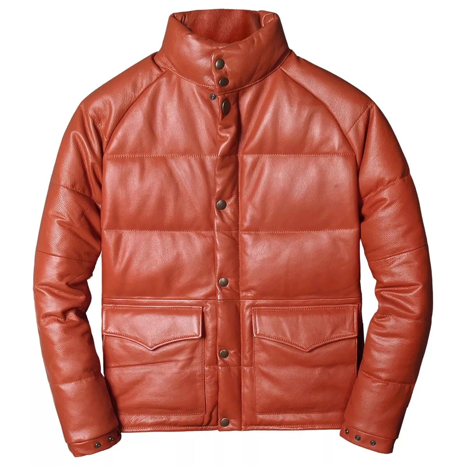 Men's Rust Red Genuine Lambskin Soft Leather Warm Puffer Jacket High Neck Padded