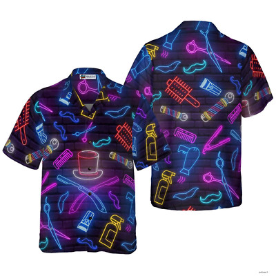 Barber Neon Hawaiian Shirt, Barber Shop Neon Aloha Shirt Summer For Men,