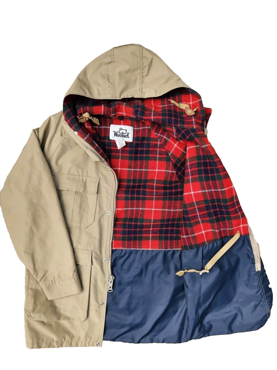 Vintage Woolrich Womens Medium Zip Jacket Tan Hooded Plaid Wool