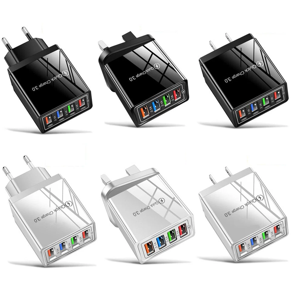 Cargador de pared USB de 4 puertos USB carga rápida QC 3.0 adaptador de corriente enchufe EE. UU./Reino Unido/UE - Imagen 2 de 4