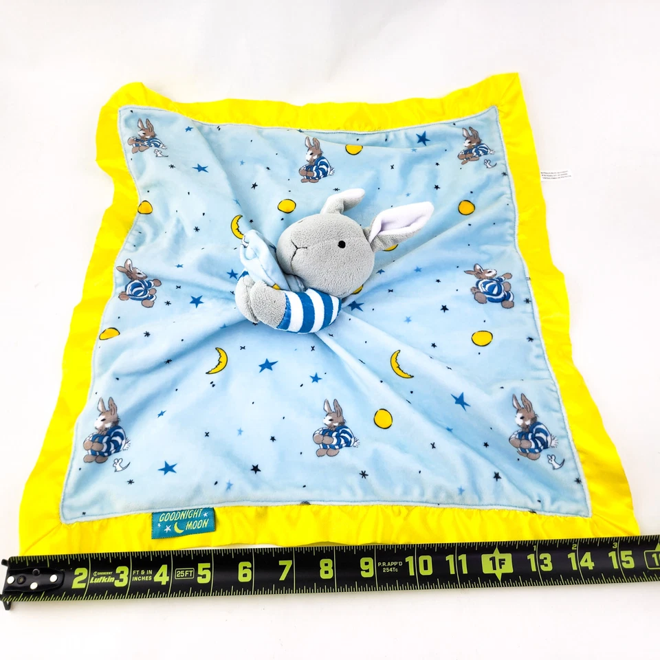 Manta de seguridad Goodnight Moon Lovey gris conejito conejo polar amarillo satinado Foto 4 de 4