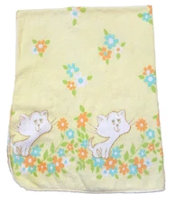 Vtg Yellow Baby Receiving Blanket Whimsical Kitty Cat Orange Blue Floral 21x34