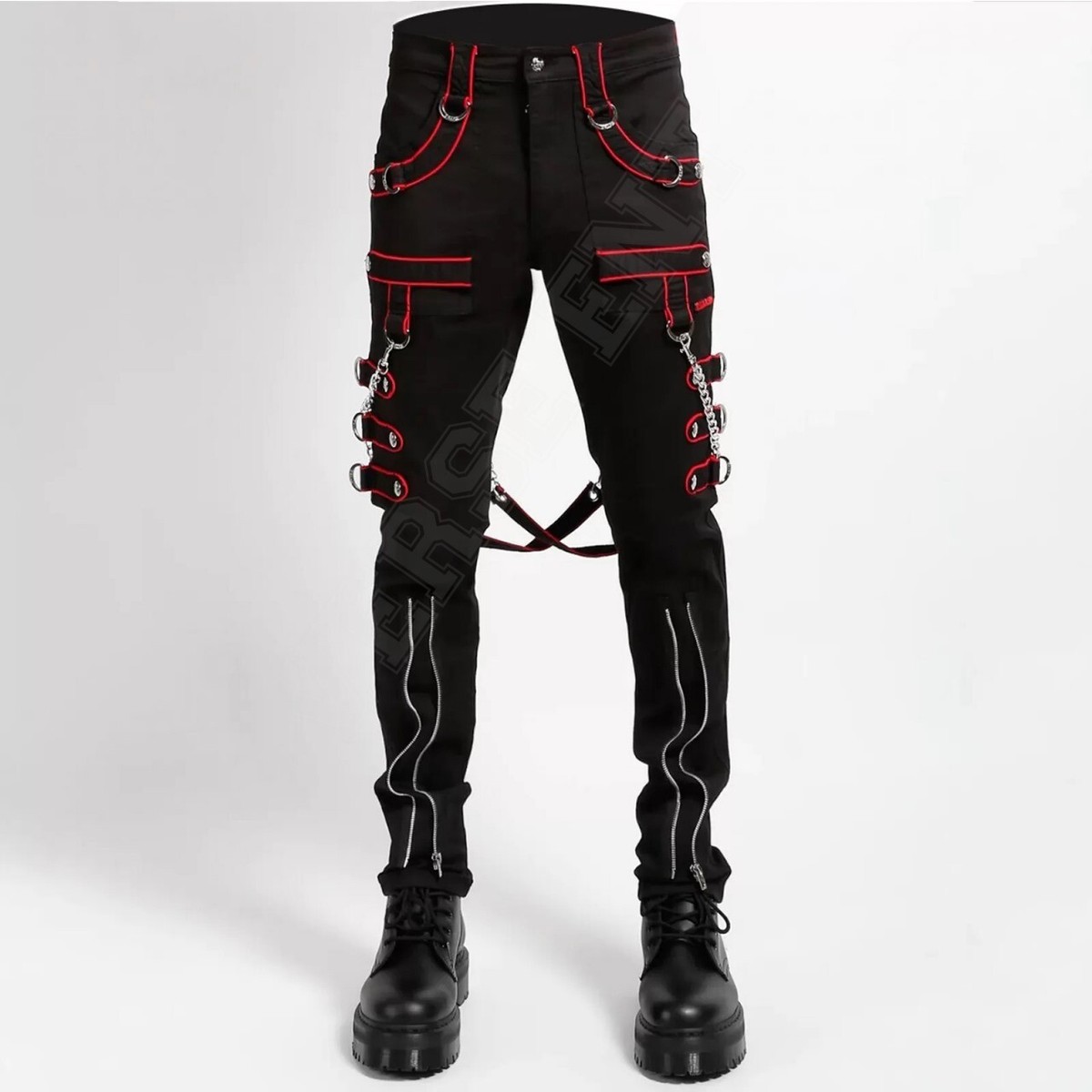 Handmade Gothic Chrome Red Trousers Punk Studs Chain Black Cotton Pant