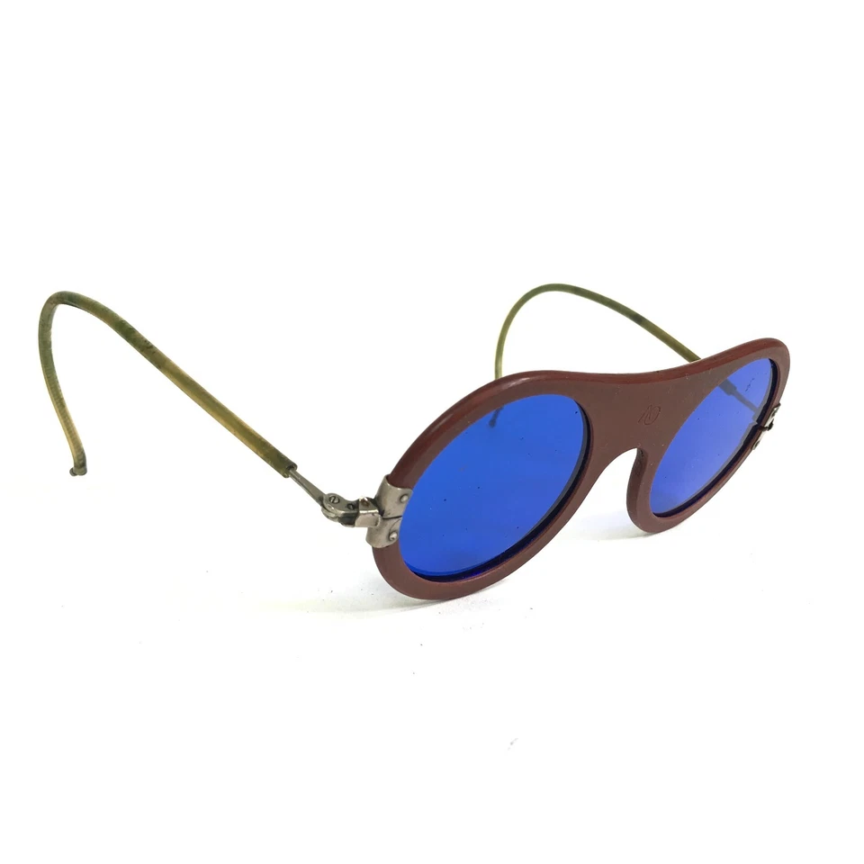 Óculos de sol óptico americano antigo marrom óculos de solda com vidro azul cobalto - Imagem 3 de 4