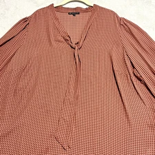 Adrianna Papell Women’s 2X Blouse Brown Geometric Print Tie Neck Long Sleeve