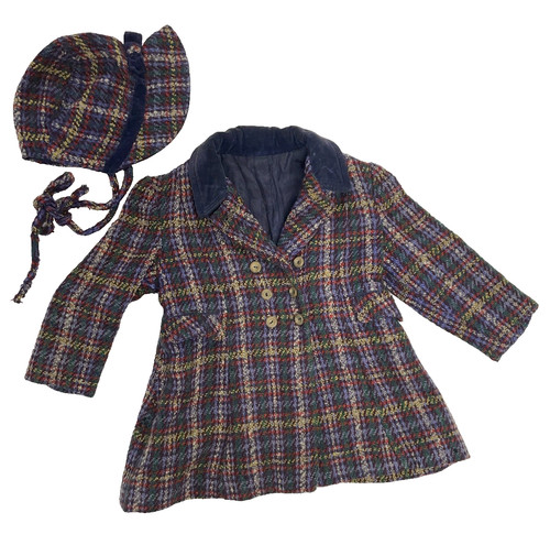 Vintage Madeline Blue Red And Yellow Plaid Wool Coat And Bonnet Toddler Sz 2-3