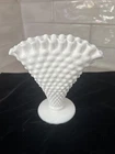 VTG Fenton White Milk Glass Hobnail Fan Vase Ruffled Crimped Edge Collectible 6"