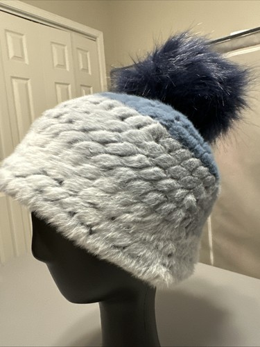 Jocelyn Hat Blue Beanie Soft Feeling With Big Navy Pompom Toboggan Winter Hat