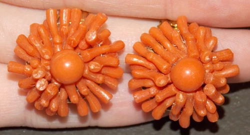 Vintage HOng Kong Coral Colored Plastic Bead Clip Earrings Costume Jewelry