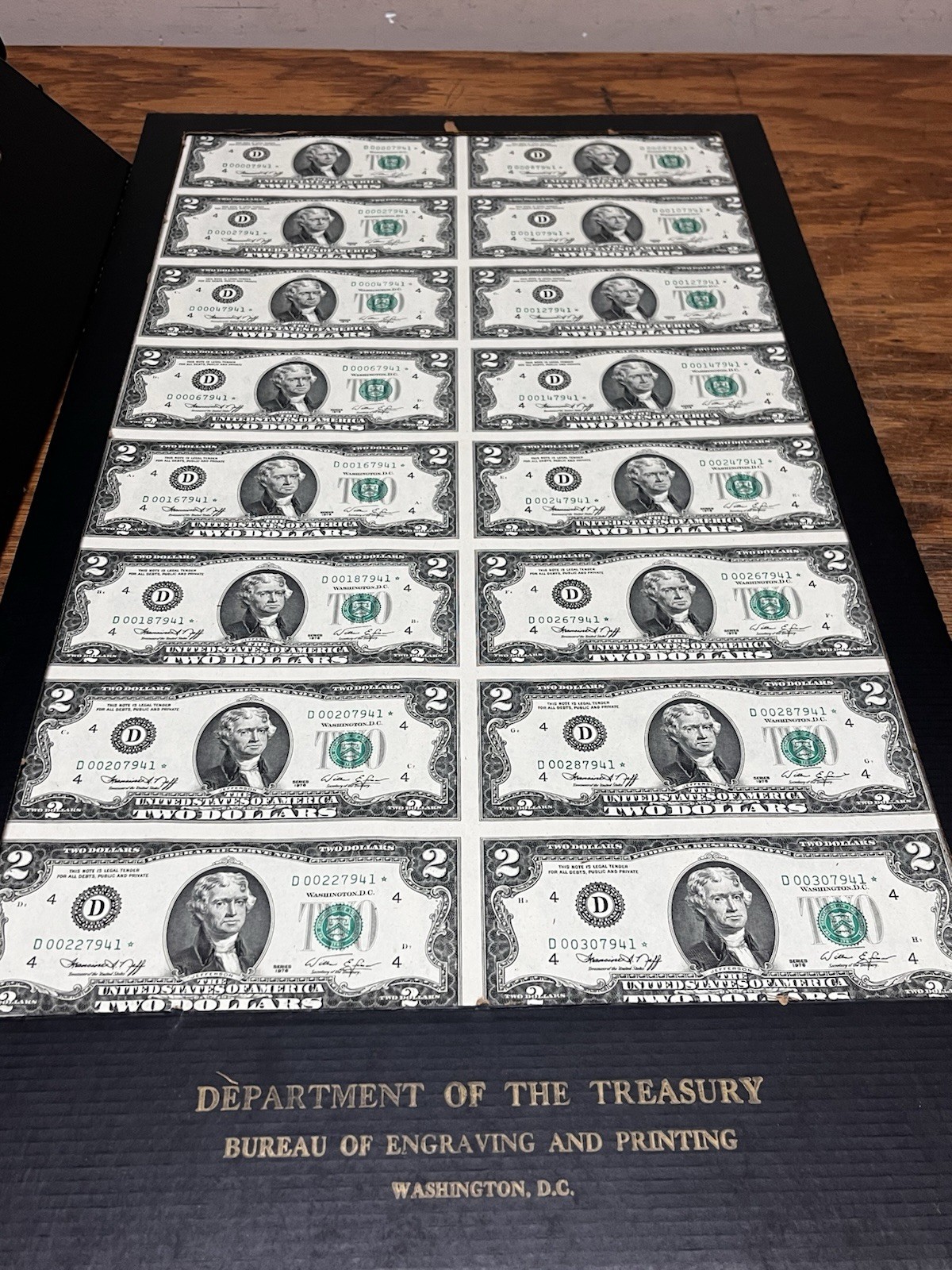 1976 $2 Cleveland Star Note Uncut Sheet of 16 Star Notes in OGP Low Serial 7941