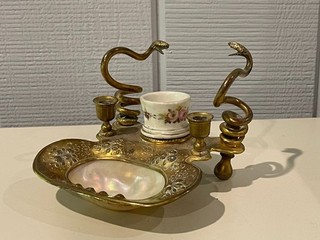 Ornate Mother of Pearl Brass Inkwell and Pen Stand Dancing Cobra's