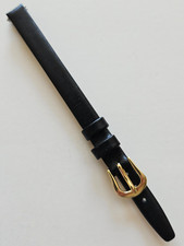8mm / Long - Black Genuine Leather Watch Band - Gold Buckle / Pins Included