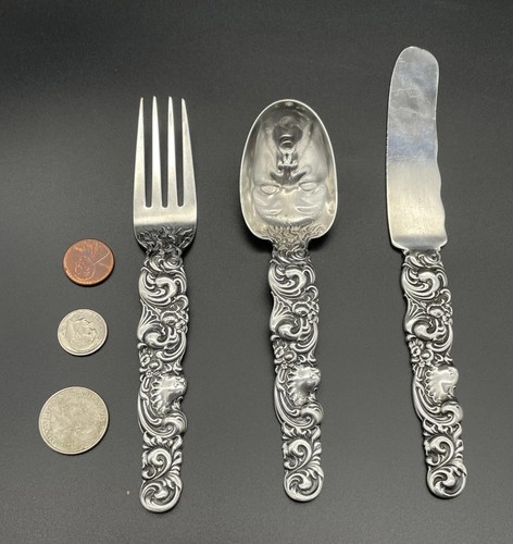 Raro set 3 pezzi Whiting Baby Face argento sterling bambini/neonati coltello cucchiaio forchetta - Foto 10 di 15