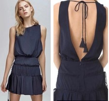 FINDERS KEEPERS Stevie Blue Tiered Dress Size M Navy Tassels Backless Mini