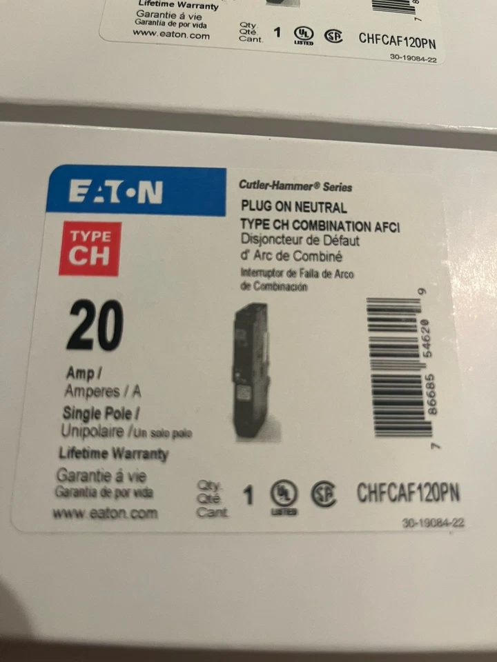 Martillo de corte Eaton CHFP120AF/CHFCAF120PN 20A AFCI interruptor de falla de arco Foto 2 de 4