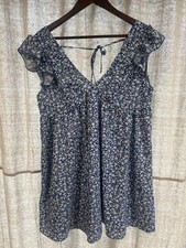 SHEIN Blue Floral Ruffle Flutter Short Sleeve V-Neck Tie Sundress Women M