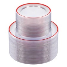 BESTSTAR 200PC Red & Clear Plastic Plates Set - 100 Dinner, 100 Dessert Plates