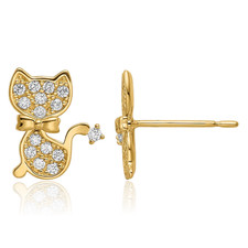 14K Solid Yellow Gold CZ Cat Stud Earrings