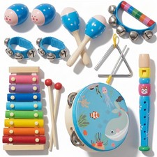 Wooden Musical Instruments Set for Toddlers 1-3, Natural Wood Percussion Inst...