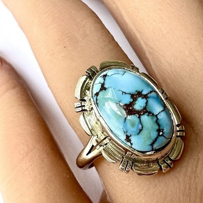 Navajo Blue Golden Hills Turquoise Ring Sz 9 Sterling Norvin