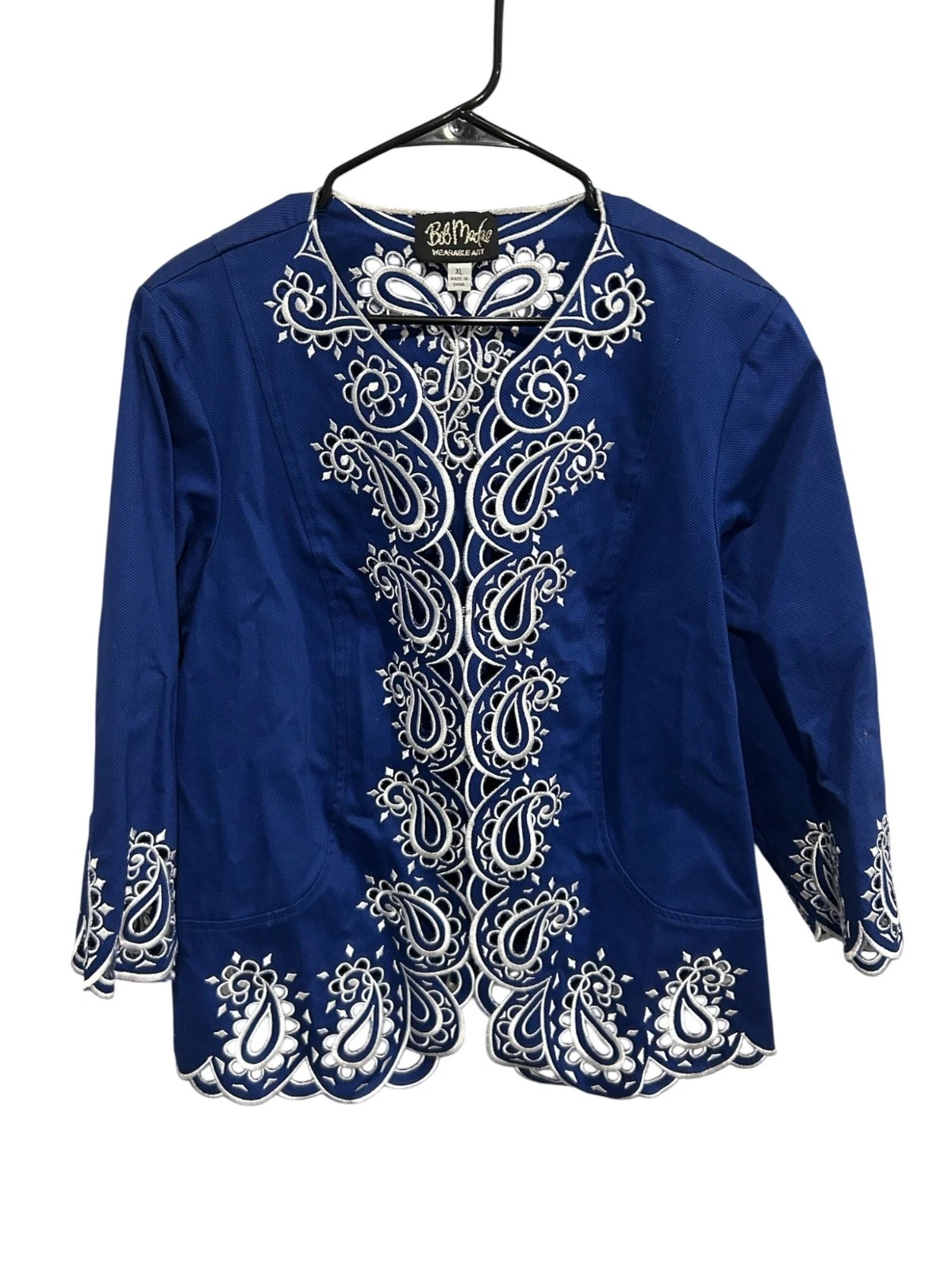 Bob Mackie Wearable Art Embroidered Paisley Cutout Jacket Blue White Sz XL Artsy
