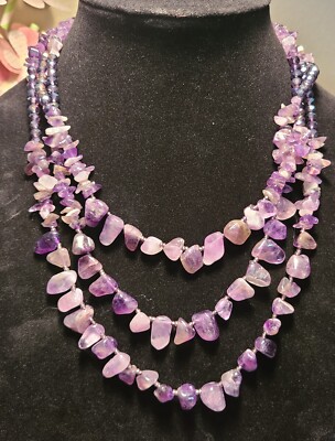 Atemberaubende lila Amethyst polierte Stein Halskette Lagenlook Boho 14''